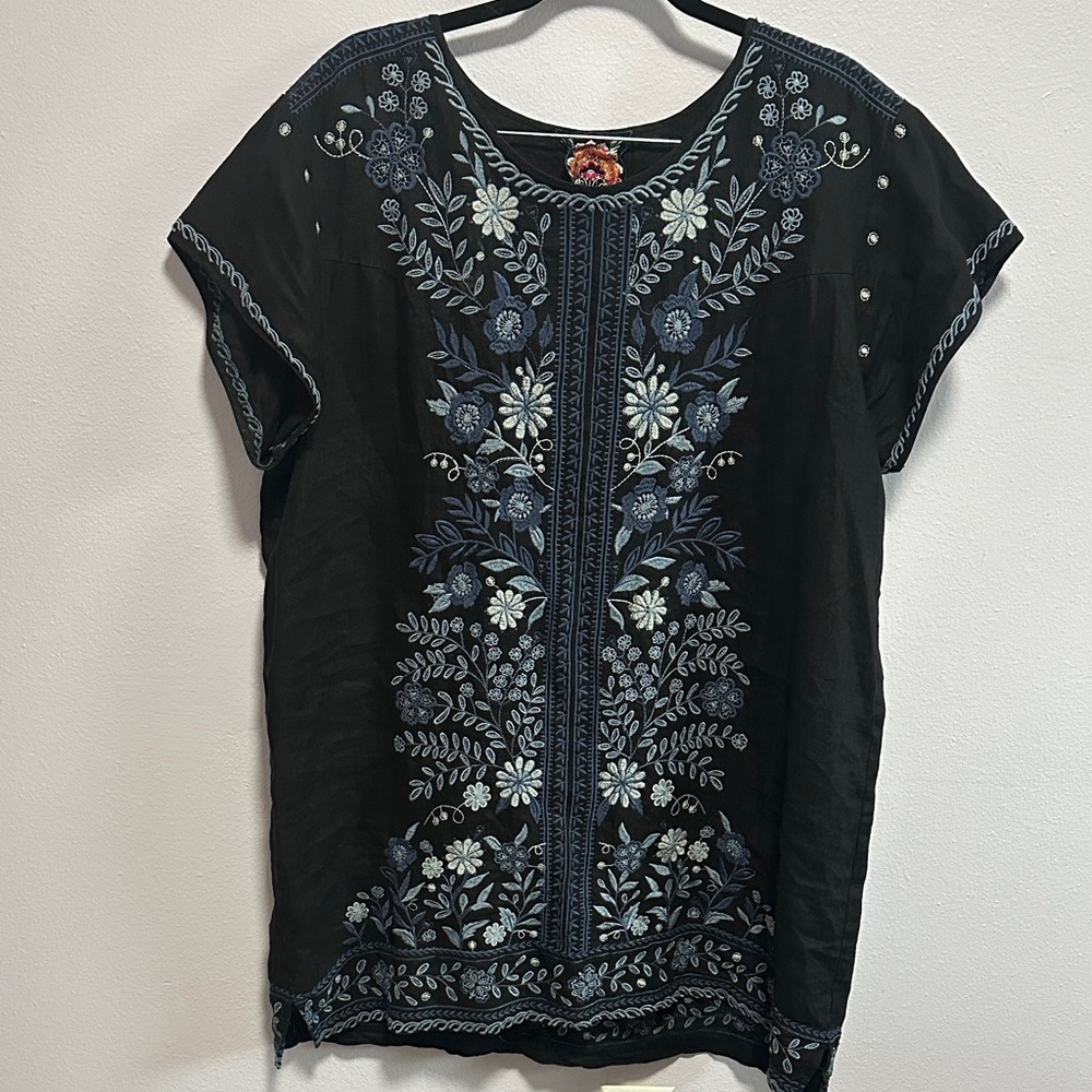 Johnny Was Black tunic with Blue and Cream Floral Embroidery